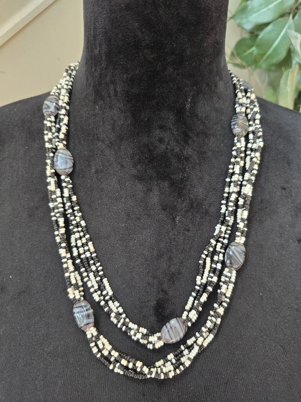 Multi Strand Black White Beaded Statement Necklace Gray Stone Accents